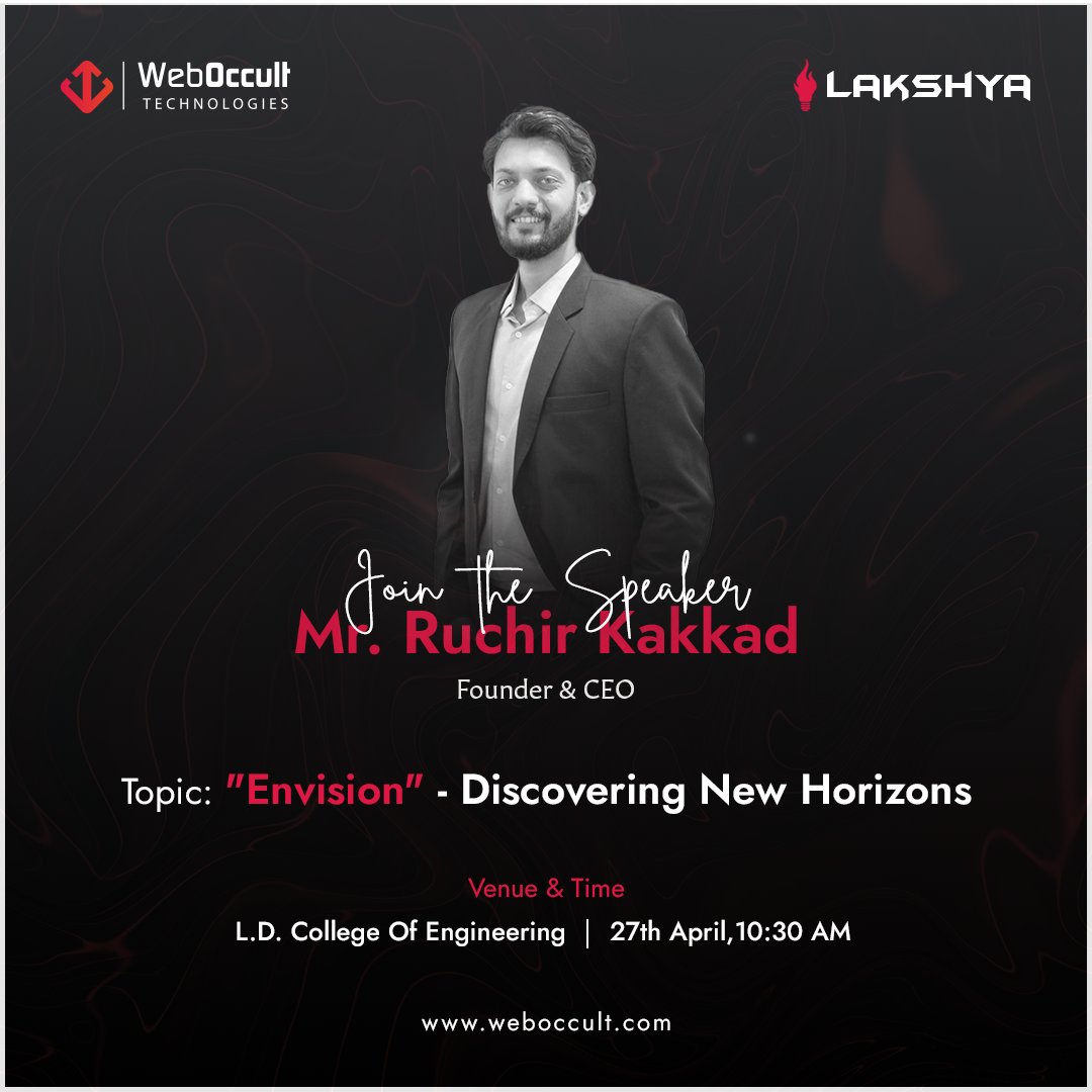 WebOccult's tweet photo. Calling all techies! 📣
Get ready to be inspired at #Lakshya2023 as our very own Founder & CEO, Mr. @RuchirKakkad takes stage for an exciting discussion on 'Envision - Discovering New Horizons'.
📅:27th Apr 2023, 10:30 AM
📍:#LDCollegeOfEngineering, #Ahmedabad
See you there! https://t.co/ymzdNCMLcz