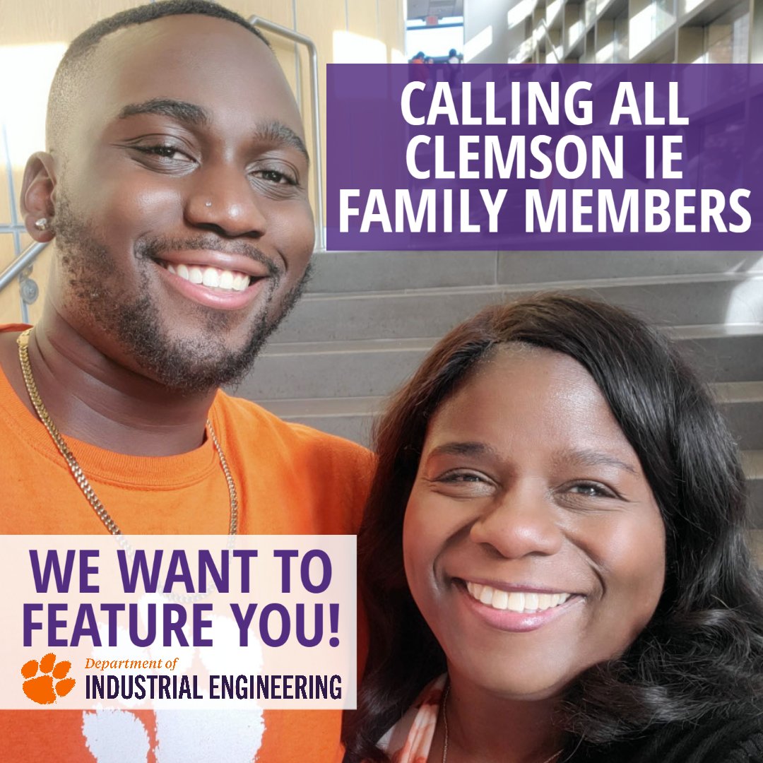 Clemson IE (@clemsonie) on Twitter photo We are excited to begin highlighting IE student alumni who have family members that have also gone through the program here at Clemson.
If you and a family member would like to be featured on our social media and share your experiences, please reach out to evick@clemson.edu! We are excited to begin highlighting IE student alumni who have family members that have also gone through the program here at Clemson.
If you and a family member would like to be featured on our social media and share your experiences, please reach out to evick@clemson.edu!