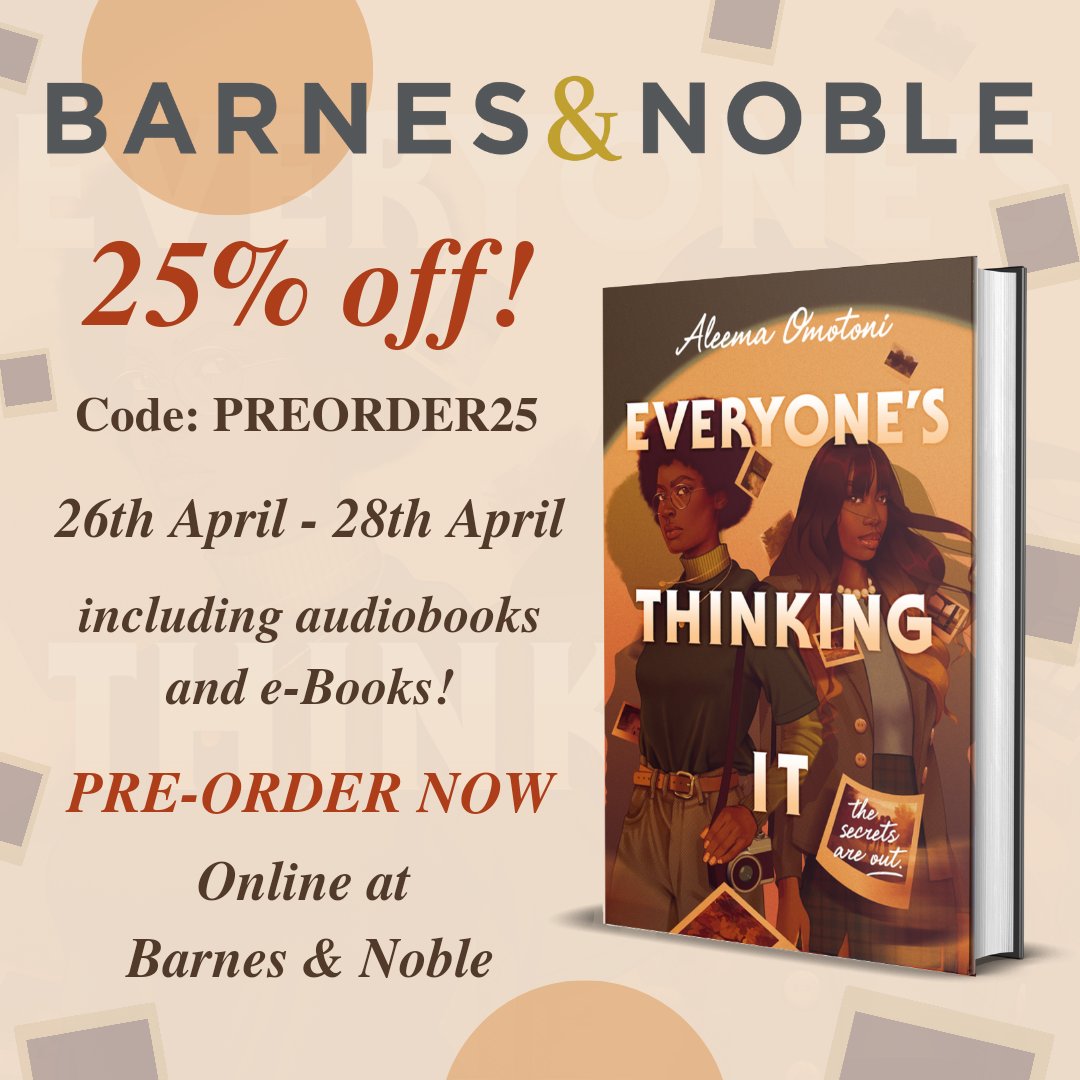 Barnes & Noble are having a 25% off sale on pre-orders!!

So now is a great time to pre-order EVERYONE’S THINKING IT with the code PREORDER25 😄

Sale ends 28th of April! #BNPreorder25

Pre-order: barnesandnoble.com/w/everyones-th…