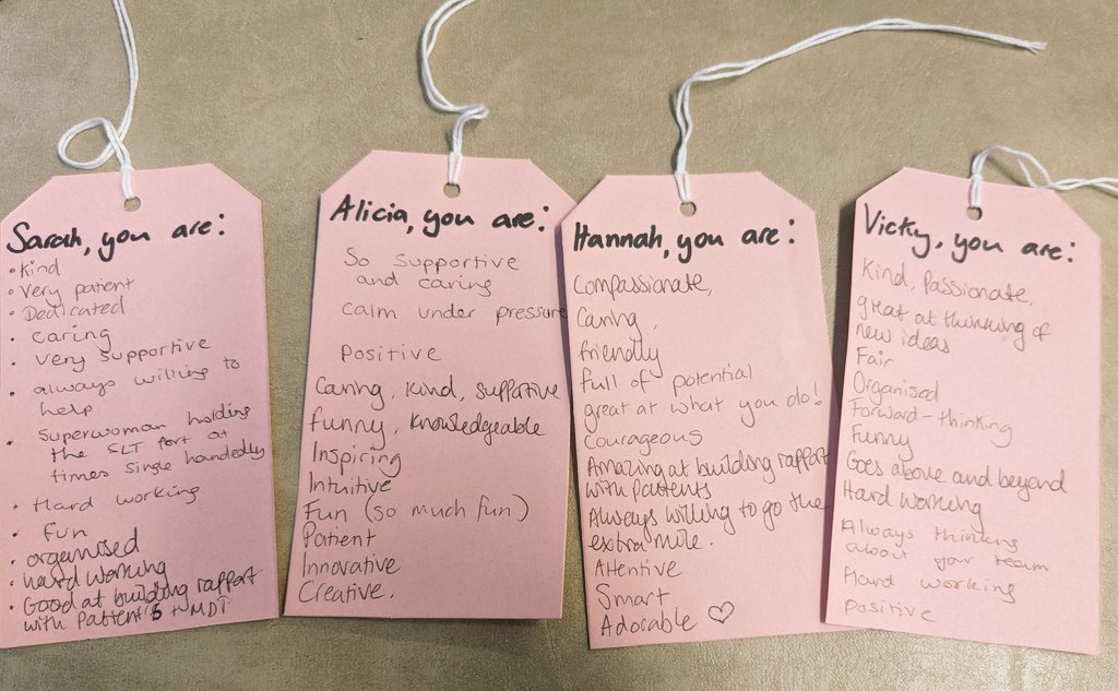 NewhamSLT's tweet photo. The SLT team's Wellbeing Wednesday activity today: positive affirmations 😊 
It's great to share what lovely qualities we see in each other, and to have such a great bunch working together 🌺💓 @CatrionaRowland @NUH_Therapies @JohnMoMidd @CatherineOtim  @NewhamHospital https://t.co/2SNMDfHenO