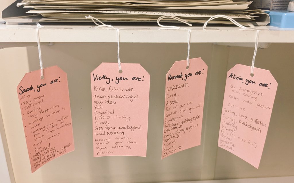 NewhamSLT's tweet photo. The SLT team's Wellbeing Wednesday activity today: positive affirmations 😊 
It's great to share what lovely qualities we see in each other, and to have such a great bunch working together 🌺💓 @CatrionaRowland @NUH_Therapies @JohnMoMidd @CatherineOtim  @NewhamHospital https://t.co/2SNMDfHenO