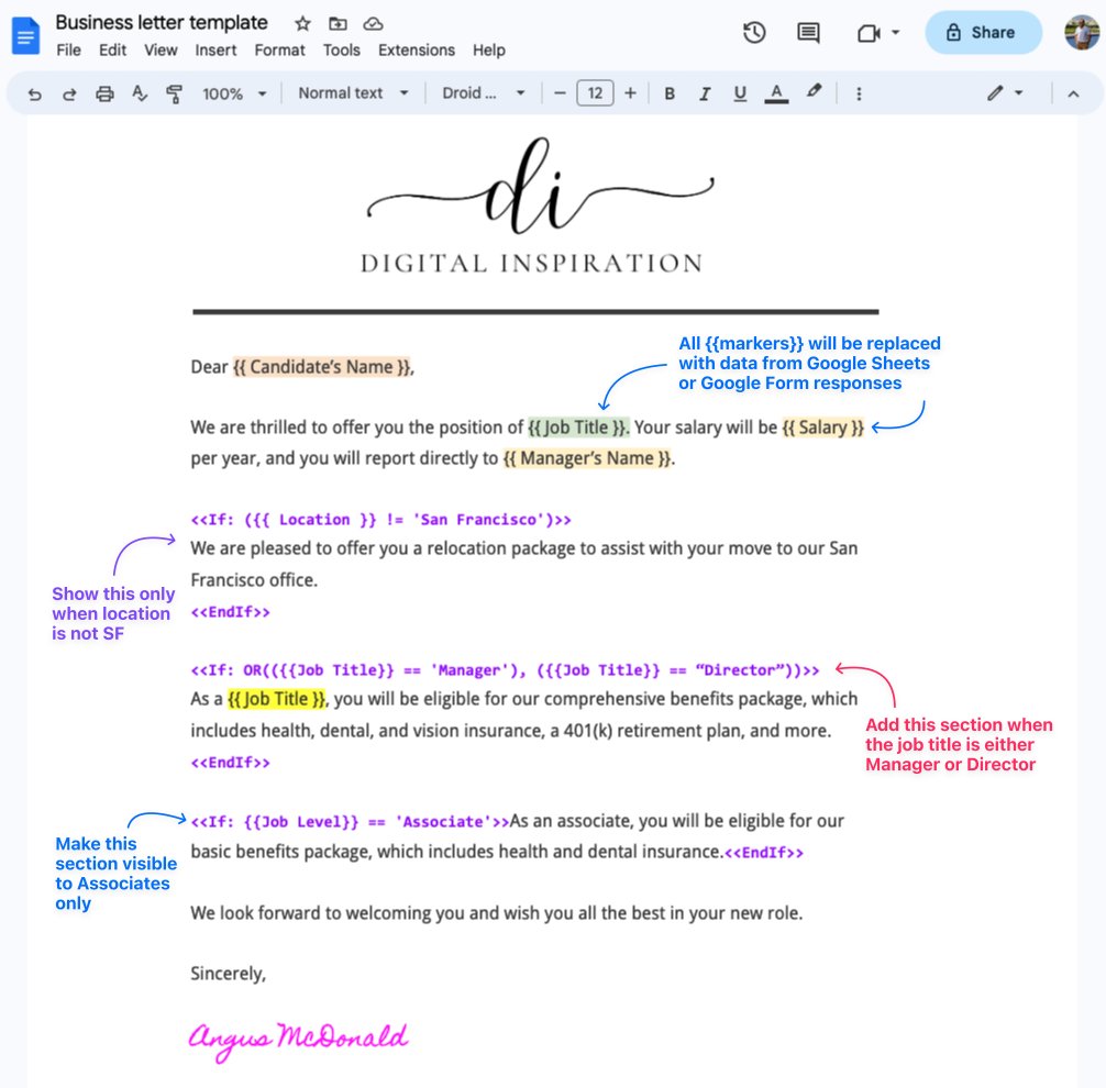 You can now use conditional logic in Google Document templates and generate different versions of the same document based on criteria.

➡️ labnol.org/conditional-lo…