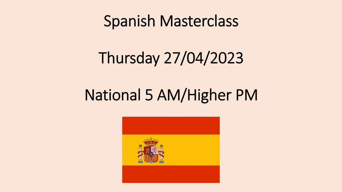 StAttainment's tweet photo. 📢 S4-6 Spanish Masterclass 📢
Thursday 27/04/2023
@St_Andrews_Acad @StAndrewsAML https://t.co/I9ZklB6e0v