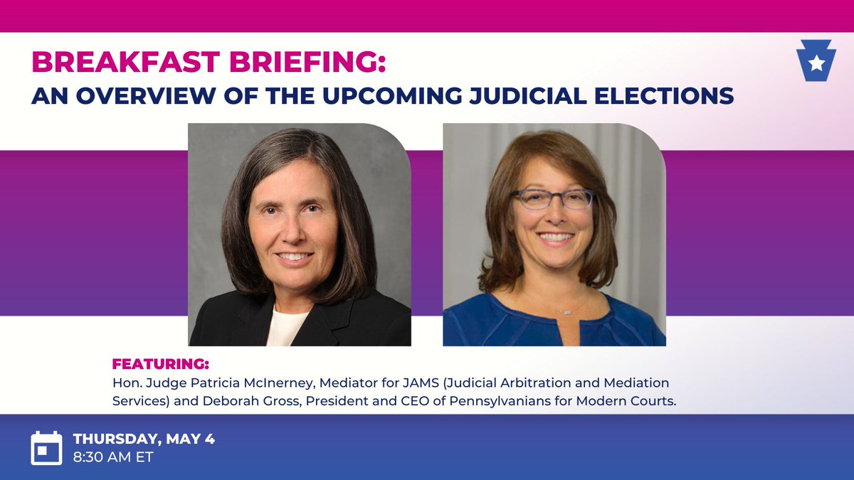 Discover the vital role of judges &amp; how elections impact our justice system. Join us May 4 for valuable insights on judicial candidates with special guests Hon. Judge Patricia McInerney <a href="/JAMSADR/">JAMS</a> &amp; Deborah Gross <a href="/PA4ModernCourts/">PA for Modern Courts</a>. RSVP now: bit.ly/3HdDD5u