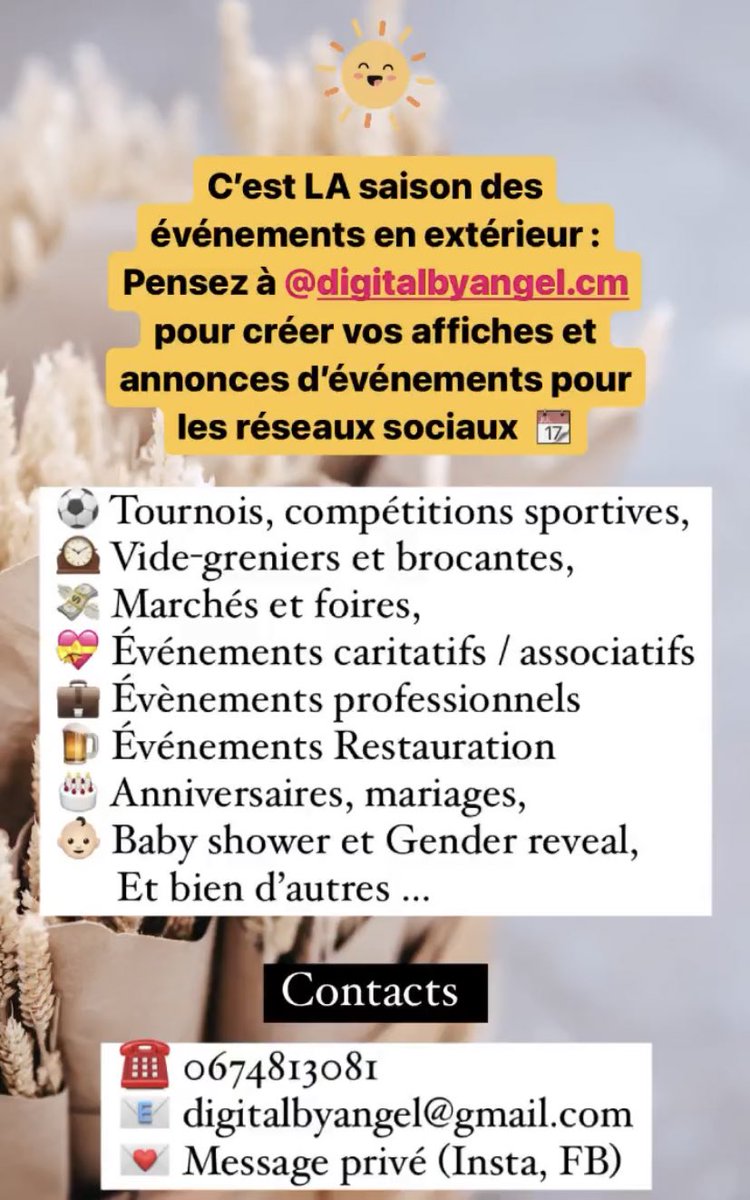 DigitalByAngel's tweet photo. 👋🏼 Pensez à @DigitalByAngel pour vos  annonces et #communication d’ #événements sur les réseaux sociaux 📱

Tournois sportifs, événements culturels et associatifs, vides grenier, foires, événements restauration, événements pro et perso [Baby shower, mariage...]

Contactez-moi 🤝 https://t.co/SoDb7pEwzW
