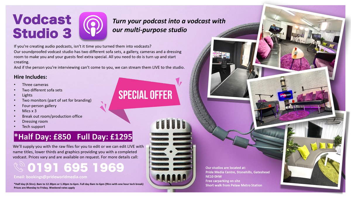 Turn your audio podcast into a vodcast with our multi-purpose studio. Whether you're an experienced podcaster or new to the scene, we can help you produce engaging content to share to your audience.

Check out the deal and call 0191 695 1969 or email bookings@prideworldmedia.com