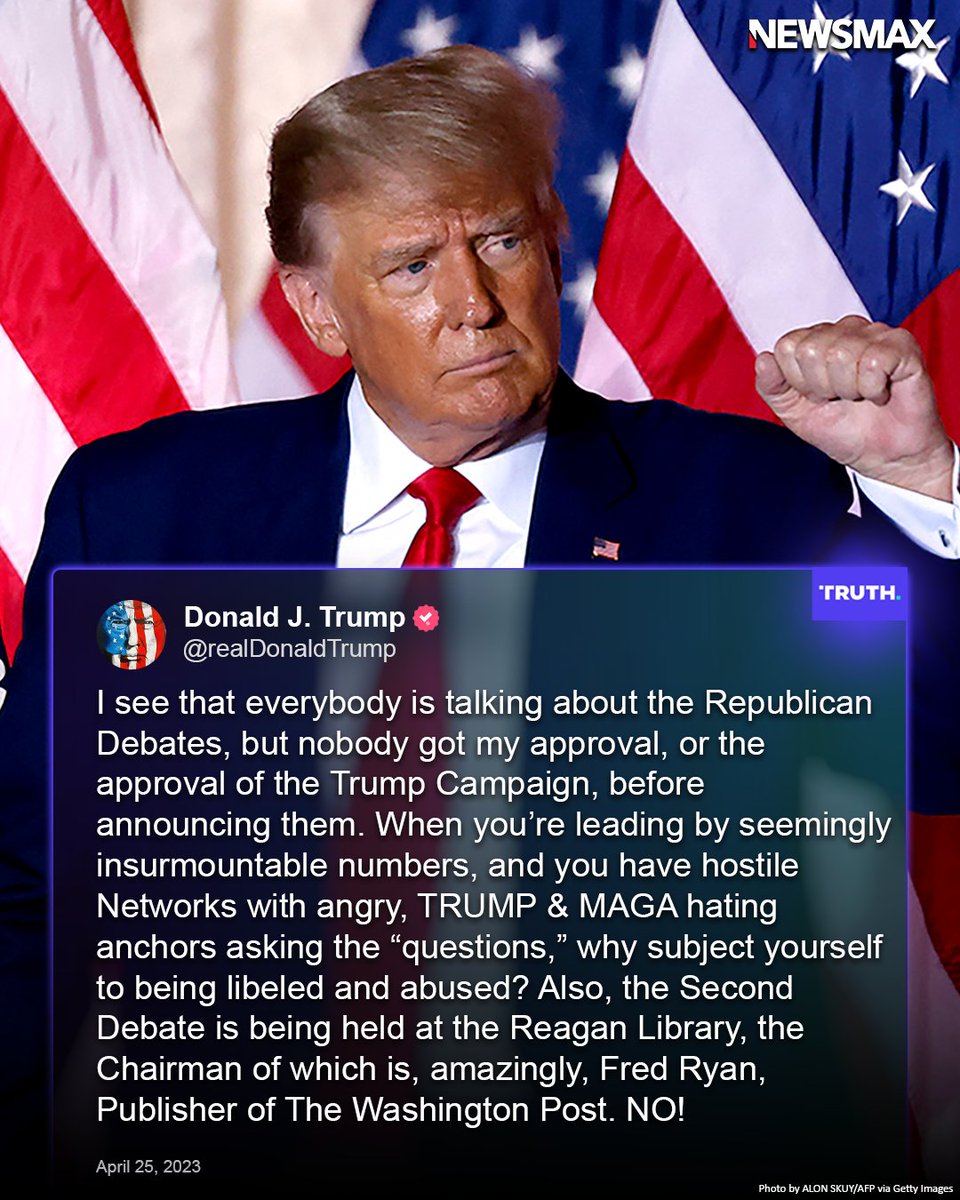 NEWSMAX's tweet photo. ICYMI: Trump gives an emphatic "NO!" on participating in 2024 Republican debates. https://t.co/CIFvXosSi3 https://t.co/PeUZ4FBX0B