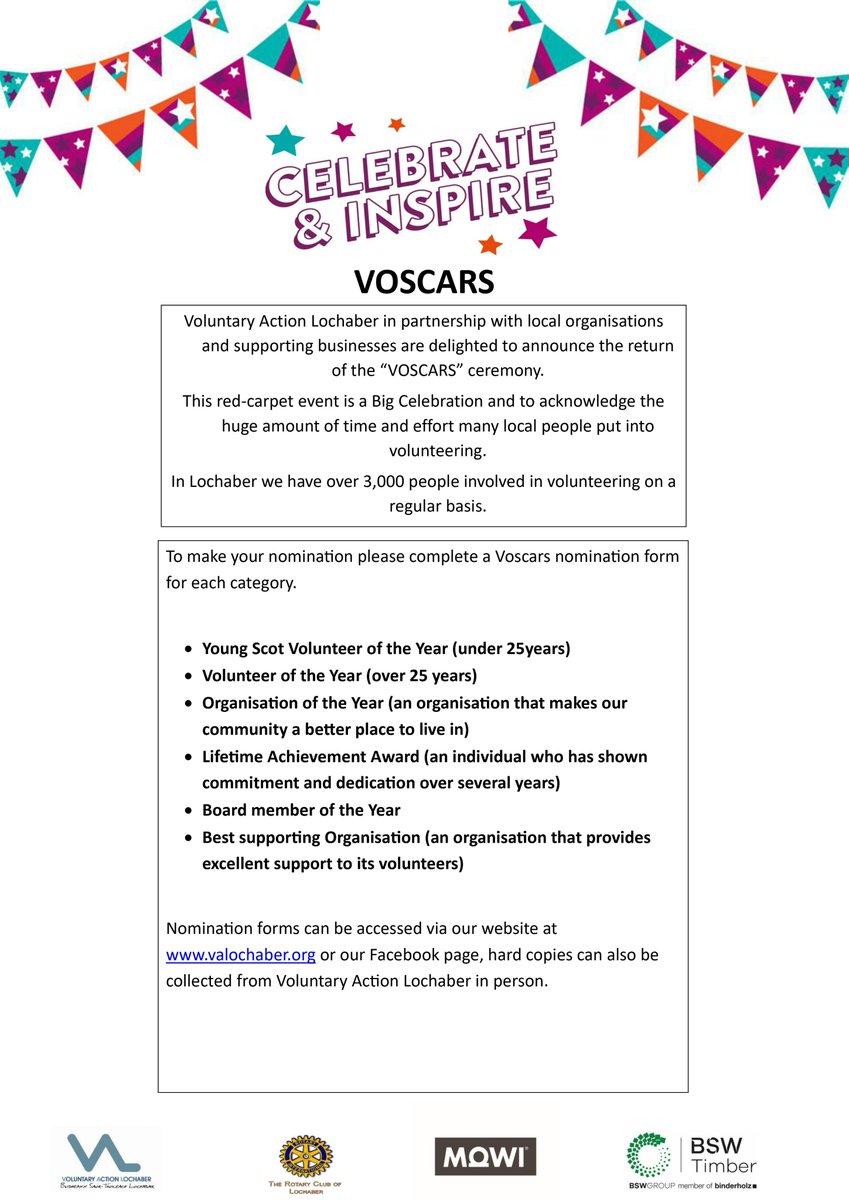 VALochaber's tweet photo. Do you know of a group or individual who has made a significant contribution to volunteering in Lochaber?
If so…please follow the link to nominate https://t.co/6XsbFgH69b https://t.co/YA32zHGme3