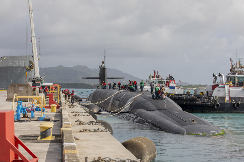 Coming up for a pit stop! ⚓ 🇺🇸 🇬🇺 
#NavyPresence #FreeandOpenIndoPacific 

The  #USSMaine (SSBN 741) #submarine arrives at Naval Base Guam for a logistics stop, April 18. The logistics stop reflects the United States’ resolve and commitment to the Indo-Pacific region.