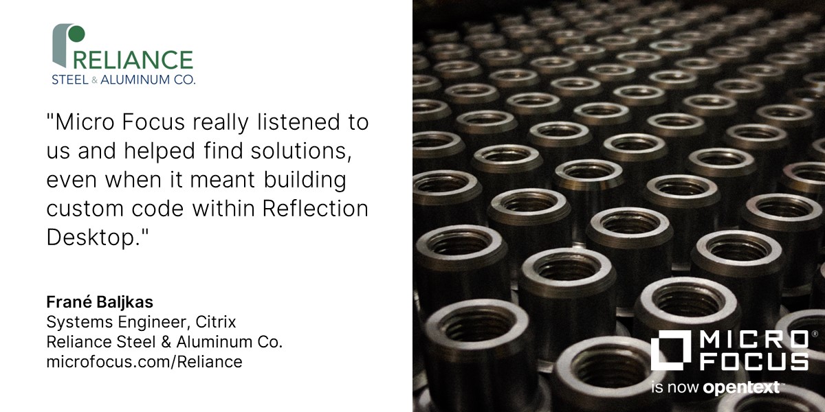 MicroFocusMEA's tweet photo. Using #MicroFocus host access solutions, Reliance Steel &amp; Aluminum Co., a Fortune 500 company, ensures secure application access with an improved user experience. Read the case study for more: https://t.co/Jp56LG1mKT #ReflectionDesktop #MSS #CustomerSuccess https://t.co/Yw6uB9QAFn