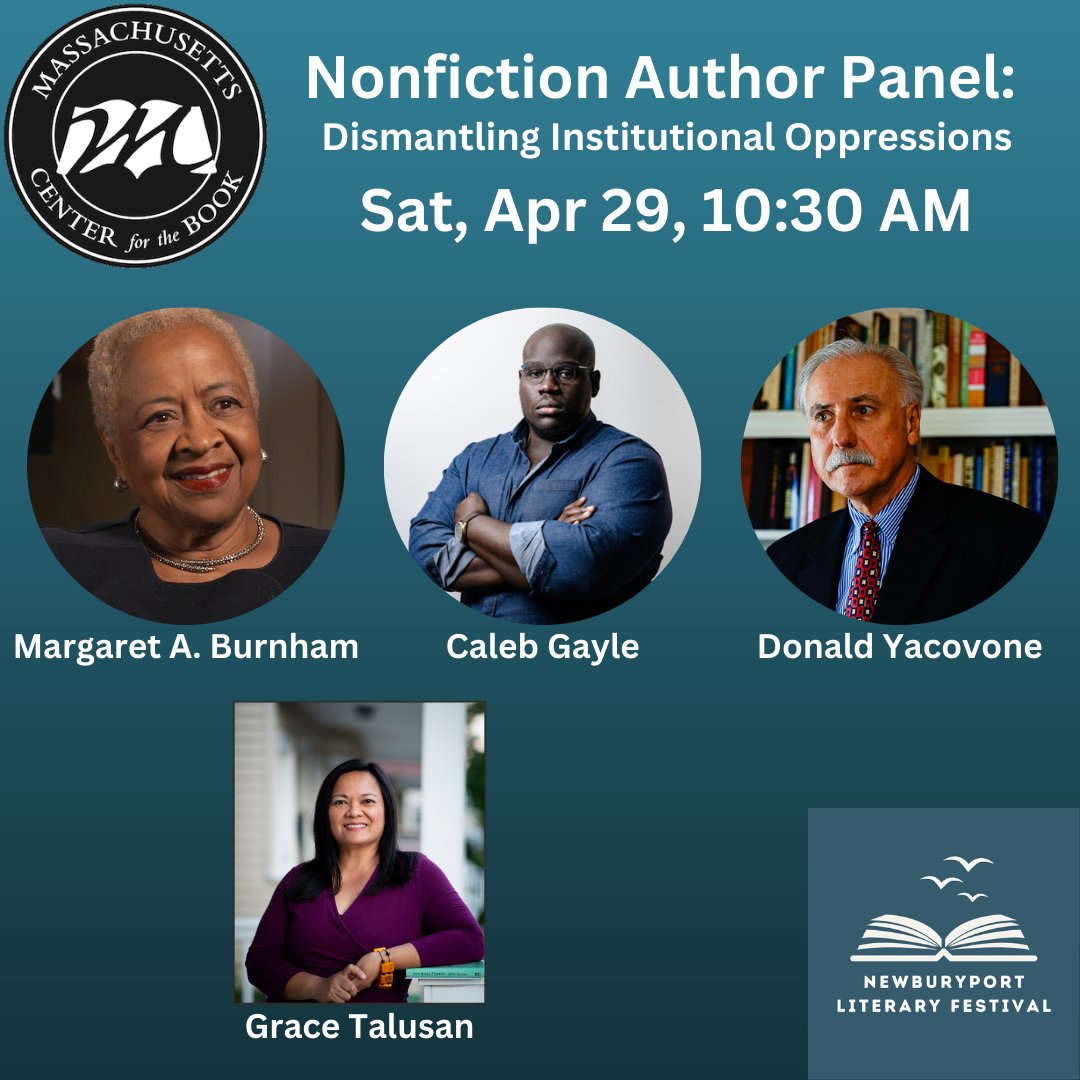 Mass Center for the Book (@massbook) on Twitter photo Our panel <a href="/NBPTLitFest/">Newburyport Literary Festival</a>: <a href="/latimesfob/">LA Times Festival of Books</a> winner #MargaretBurnham, <a href="/CRRJ_NUSL/">Civil Rights and Restorative Justice</a>; <a href="/GayleCaleb/">Caleb Gayle</a>, <a href="/NU_CAMD/">Northeastern CAMD</a>; #DonaldYacovone, <a href="/Harvard/">Harvard University</a>. Mod by @gracet09. See ow.ly/om6k50NRIbX #CivilRights#CenterForTheBook <a href="/wwnorton/">W. W. Norton & Company</a> <a href="/penguinrandom/">Penguin Random House 🐧🏠📚</a> <a href="/MassLibAssoc/">Massachusetts Library Association 📚</a> <a href="/mblclibraries/">MBLC</a> <a href="/NEIBAbooks/">New England Independent Booksellers Association</a> <a href="/sharonshaloo/">Sharon Shaloo</a> Our panel <a href="/NBPTLitFest/">Newburyport Literary Festival</a>: <a href="/latimesfob/">LA Times Festival of Books</a> winner #MargaretBurnham, <a href="/CRRJ_NUSL/">Civil Rights and Restorative Justice</a>; <a href="/GayleCaleb/">Caleb Gayle</a>, <a href="/NU_CAMD/">Northeastern CAMD</a>; #DonaldYacovone, <a href="/Harvard/">Harvard University</a>. Mod by @gracet09. See ow.ly/om6k50NRIbX #CivilRights#CenterForTheBook <a href="/wwnorton/">W. W. Norton & Company</a> <a href="/penguinrandom/">Penguin Random House 🐧🏠📚</a> <a href="/MassLibAssoc/">Massachusetts Library Association 📚</a> <a href="/mblclibraries/">MBLC</a> <a href="/NEIBAbooks/">New England Independent Booksellers Association</a> <a href="/sharonshaloo/">Sharon Shaloo</a>