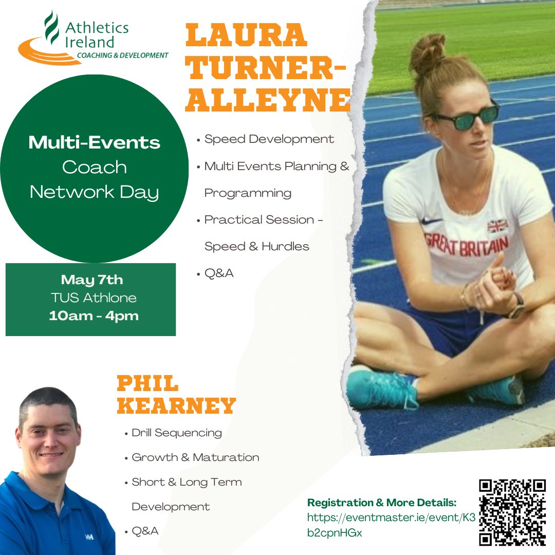 ✨Multi-Events Coach Network day✨

The day will feature presentations, practical workshops &amp; opportunities to interact and engage with Laura Turner-Alleyne, Dr. Phil Kearney &amp; other experienced coaches

📍TUS Athlone
📅May 7th

Registration &amp; more info ➡️ athleticsireland.ie/news/multi-eve…