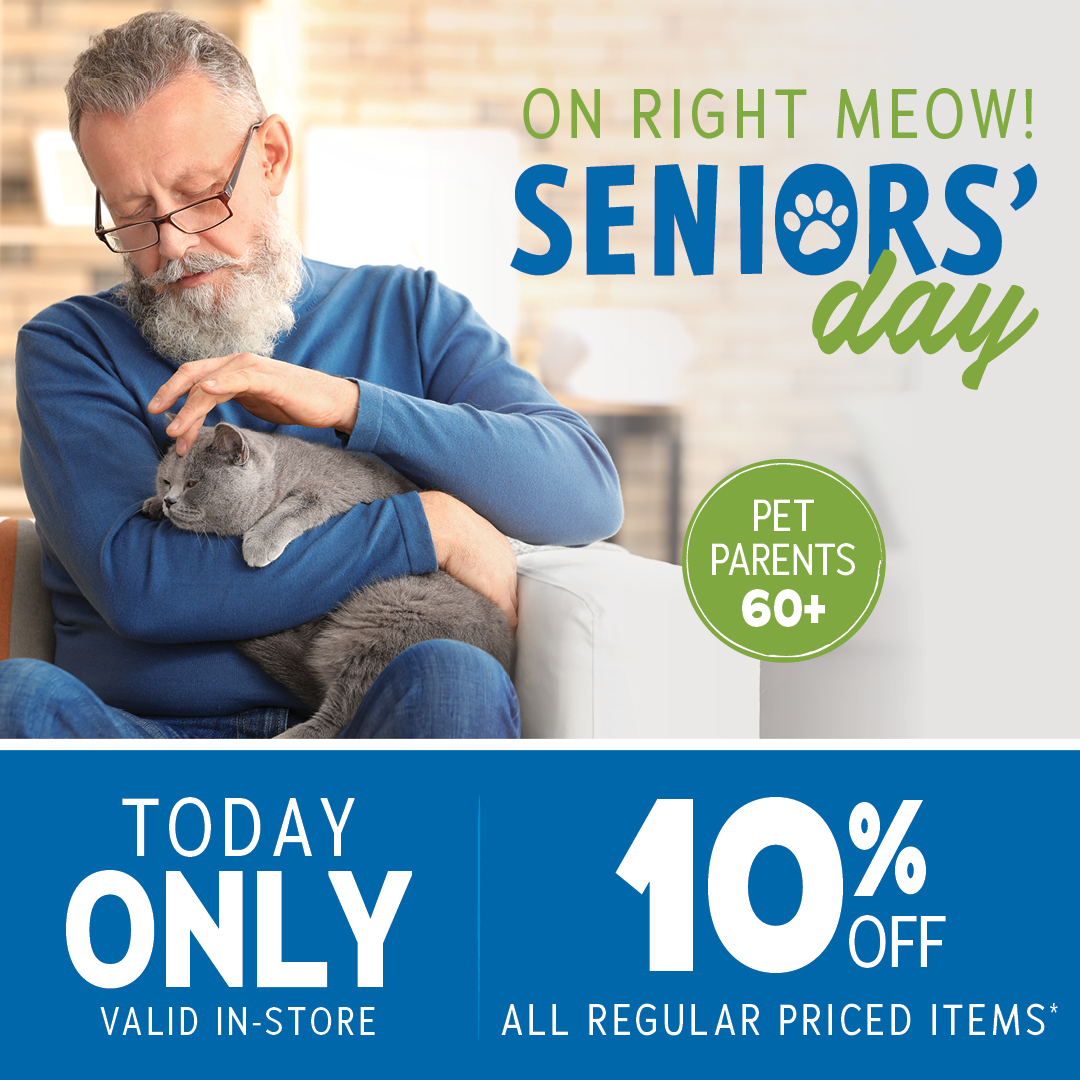 ⭐ HAPPENING NOW! ⭐

TODAY seniors can enjoy 10 % off all regular-priced items 😍

*Must be 60+ years of age. In-store only.

#PetsBestLife #Seniors #dogs #cats #pets #canada