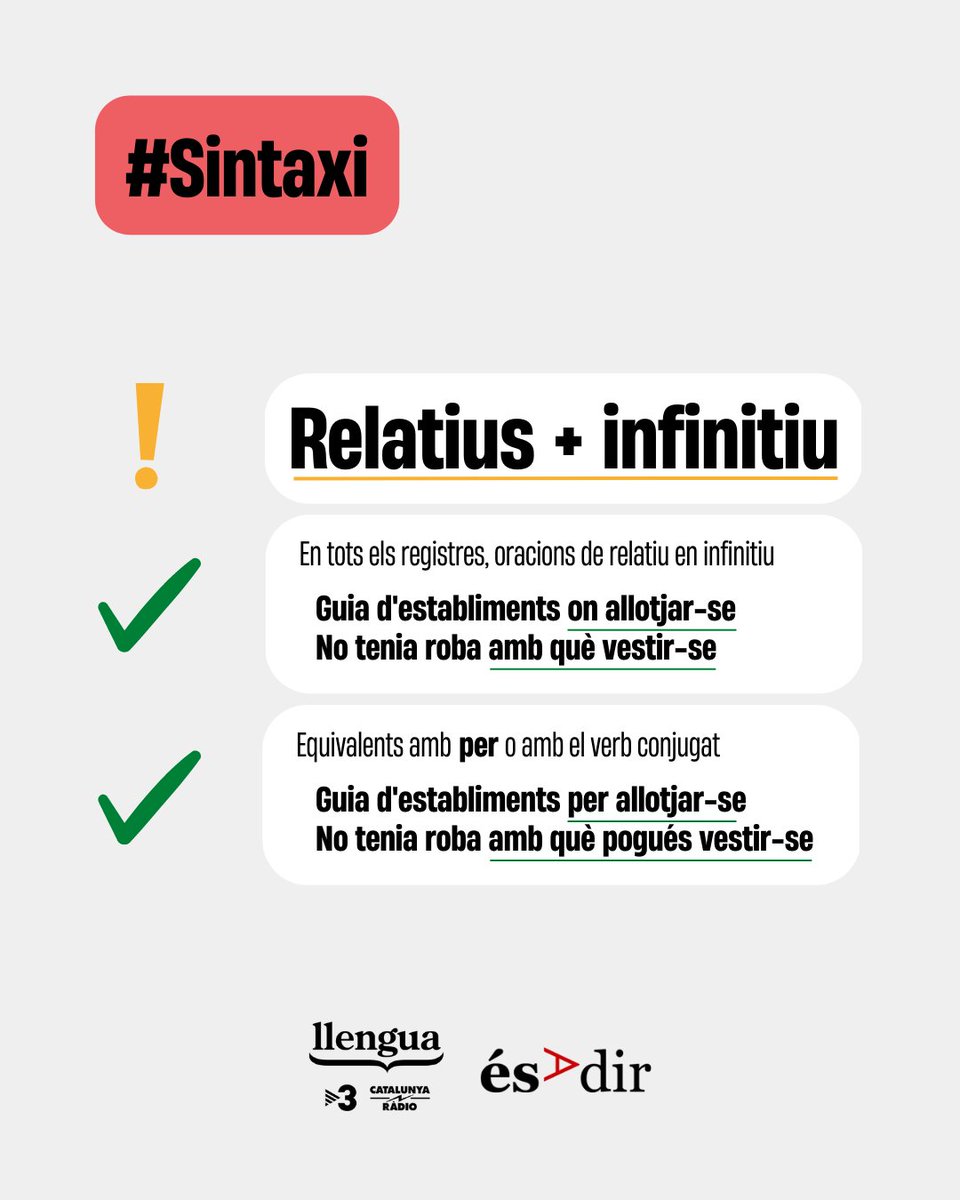 LlenguaTV3CR's tweet photo. Avui, els casos en què els relatius poden anar seguits d’infinitiu👇
🔗https://t.co/jlBfBwFOZk
#LlenguaTV3CatRàdio #Sintaxi https://t.co/XOkFmqFeck