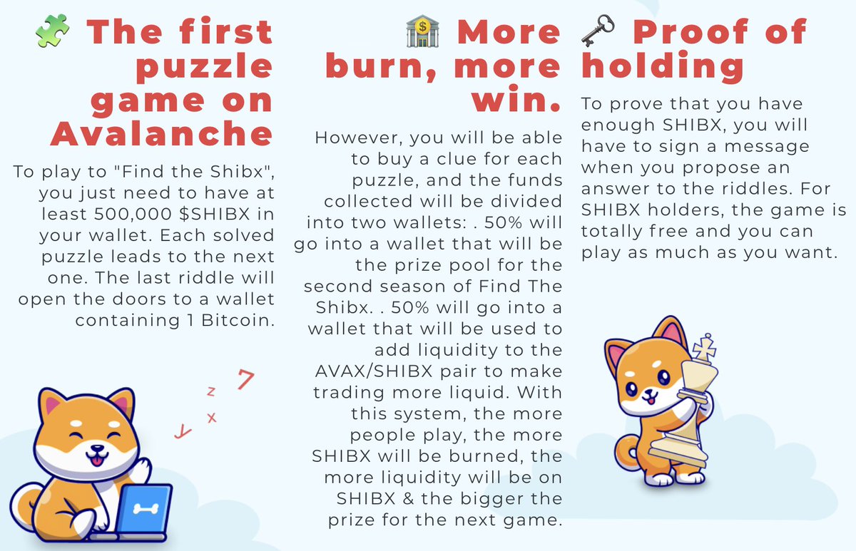 Let's play a game 🧩 shibavax.io

16 riddles 🗝️, 1 #Bitcoin for the winner.

$SHIBX, the first meme treasure hunt.

#FINDTHESHIBX, only on #Avalanche