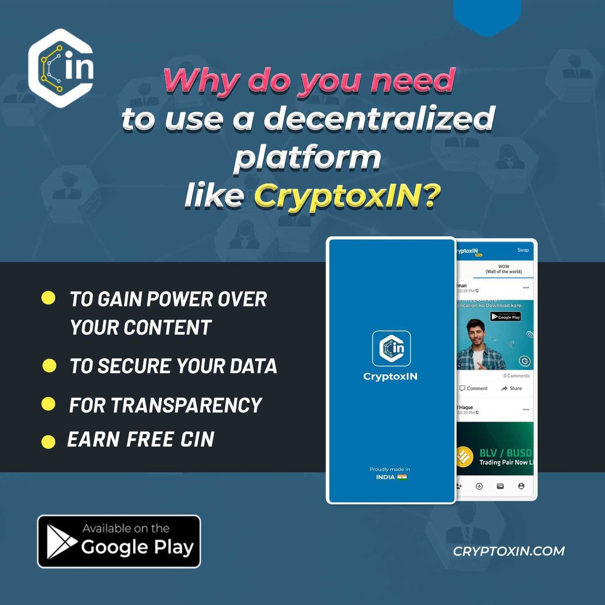 in_cryptoxin's tweet photo. Create an account on CryptoxIN a decentralized social media platform and connect with the crypto community.
.
.
#network #cryptoxin #CIN #socialmedia #decentralizedsocialmedia #socialmedia #cryptocurrency #grownetwork #networking #cryptoxin https://t.co/qdEaGpjJwe