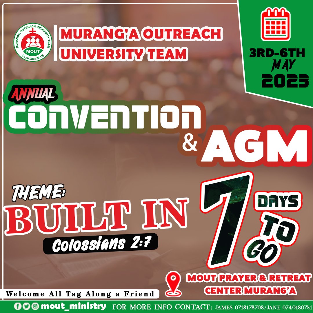 Seven days to go
See you then
@MoutMinistry 
@KingJos32158668 
@NdaireJames 
#convention #AGM
