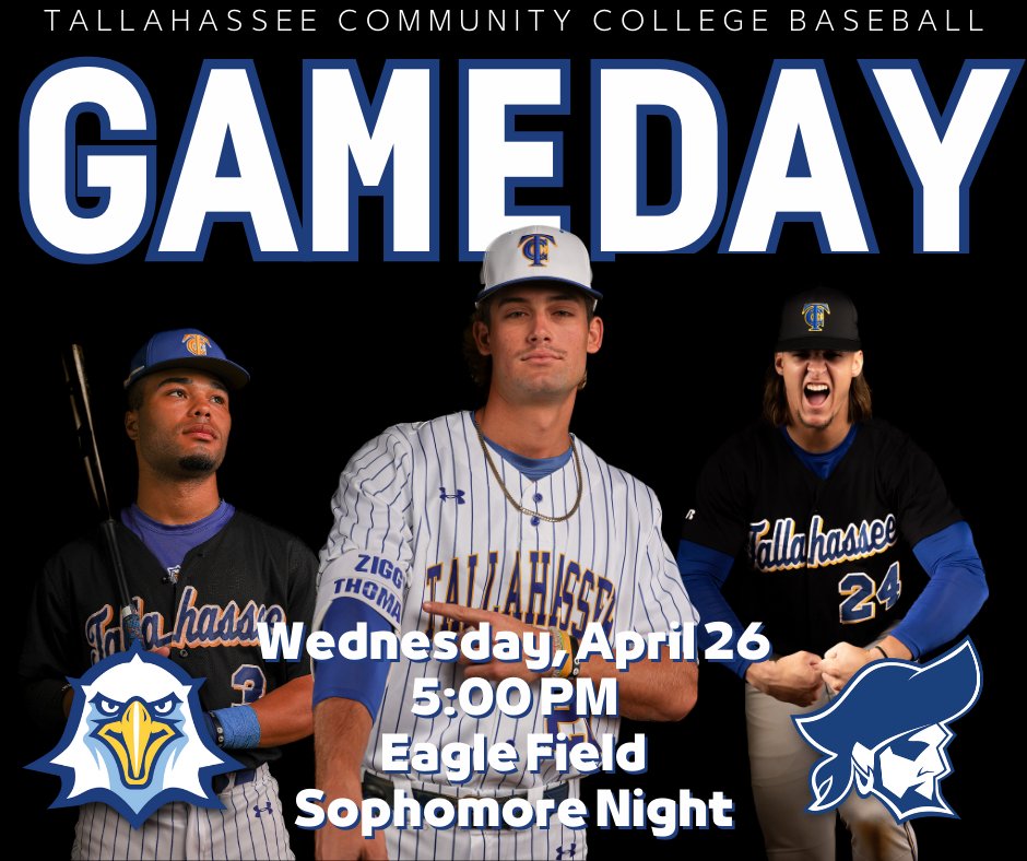 It's GAMEDAY! It's the final regular season home game of the year for TCC Baseball! Sophomore Night ceremonies will begin at 4:40. 🦅🔥 #LeaveALegacy

🆚 Pensacola State
📍 Eagle Field
⌚️ 5:00
📊 bit.ly/40Hwtxw
💻 tcceagles.com/live