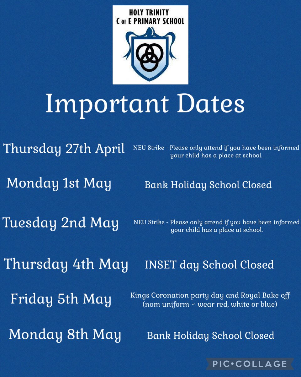 ⭐️ Important Dates ⭐️

Please note: Parents will be notified regarding the NEU teacher strike on 2nd May soon

Thank you for your understanding
 #importantdates #datesforyourdiary #schoolnews #kingscoronation