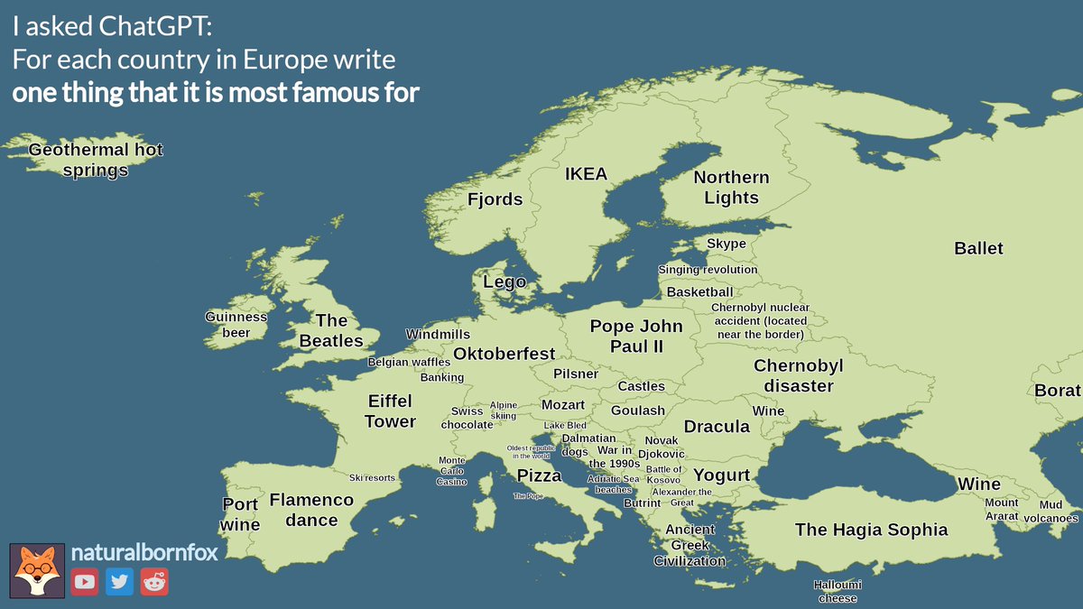 simongerman600's tweet image. The map shows what ChatGPT considers the most notable thing about each European country. Mostly it got the stereotypes right I feel. As a foodie rather than a dancer I would've said paella for Spain (maybe Real Madrid or FC Barcelona). Source: buff.ly/3N7FtJ5
