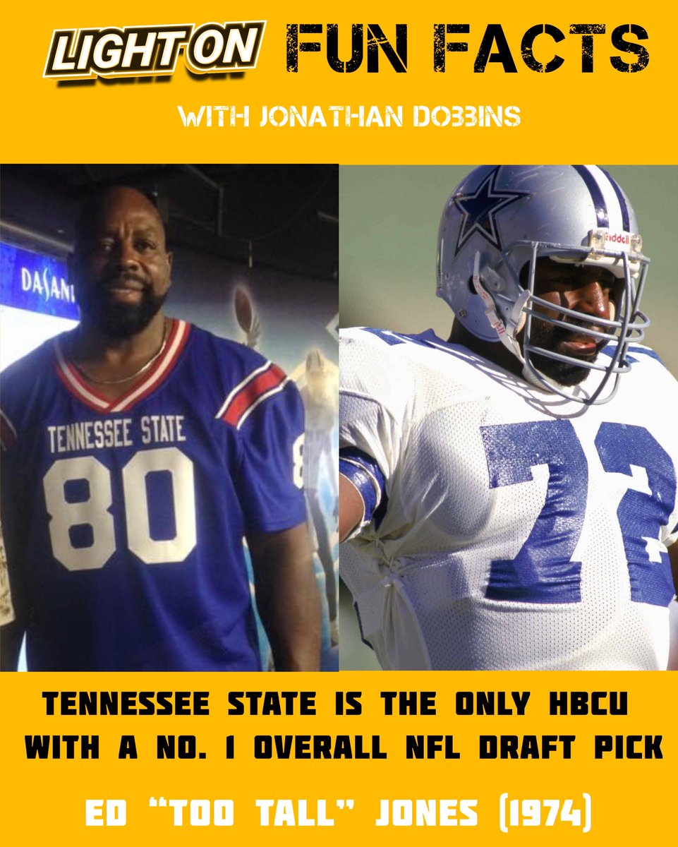 Fun Fact: Tennessee State is the only HBCU with a No. 1 overall NFL Draft pick. 🐅
Ed “Too Tall” Jones was selected 1st overall by the Dallas Cowboys in the 1974 NFL Draft. <a href="/TSUTigersFB/">Tennessee State Football</a> 

📸: Ed Jones/ FB, Getty Images