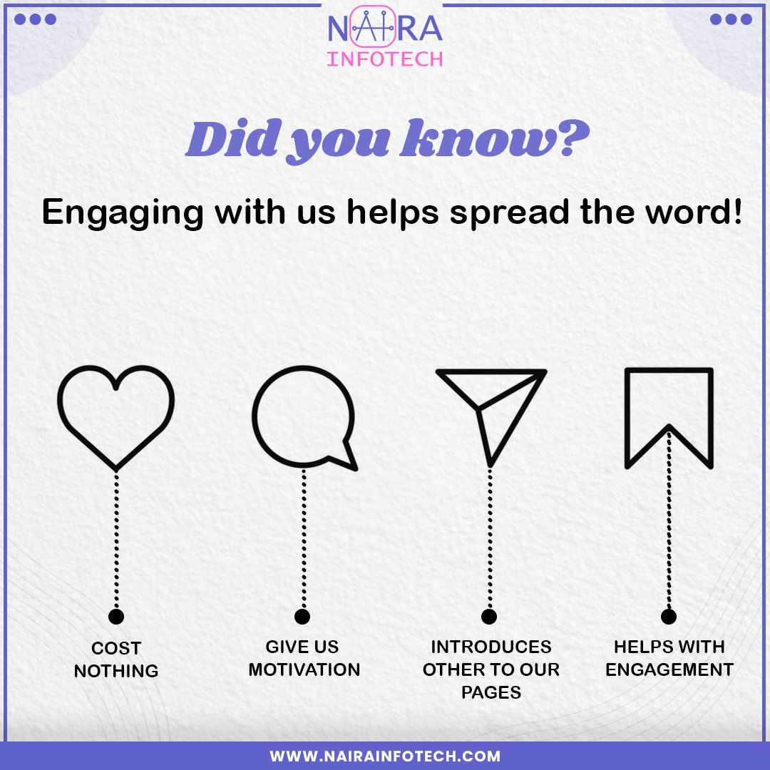 InfotechNaira's tweet photo. Hey there! Did you know that when you like, share, and comment on a business's social media posts, you're helping them spread the word and reach more people? So next time you see something you like, give us a thumbs up, drop a comment, or share it with your friends. https://t.co/smiprJKPXc