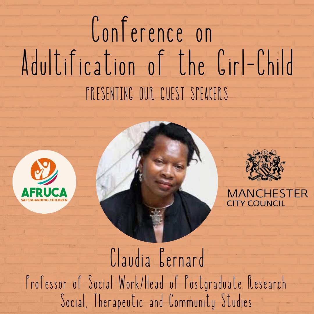 AFRUCA is on LinkedIn and Instagram (@afruca) on Twitter photo We look forward to Professor Claudia Bernard <a href="/DrCBernard/">Professor Claudia Bernard</a> giving a Keynote Speech at our Conference on the Adultification of the Girl Child in Manchester tomorrow. We look forward to Professor Claudia Bernard <a href="/DrCBernard/">Professor Claudia Bernard</a> giving a Keynote Speech at our Conference on the Adultification of the Girl Child in Manchester tomorrow.