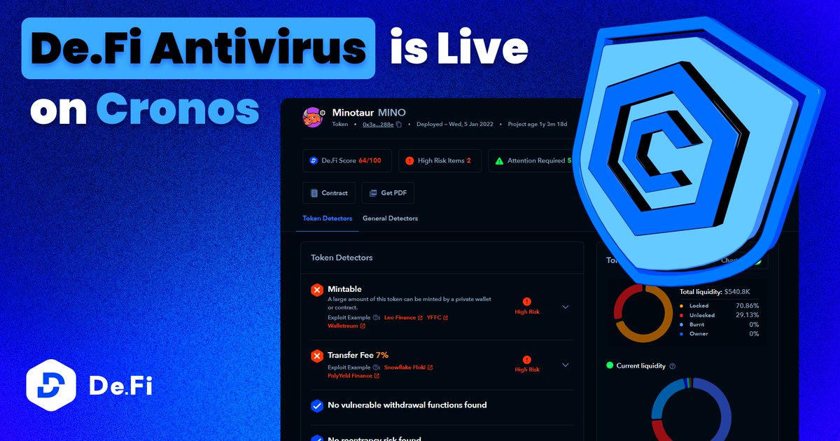 DeFi's tweet photo. 🚨 BIG INTEGRATION!

⚡️ Announcing Crypto's First Antivirus launching on @cronosapp!

Antivirus is a Multi-layer Security Solution Powered by Machine Learning.

Our team is thrilled to contribute to the safety of the vibrant Cronos Community! 💙

🧵 Here's the Best Part 👇 https://t.co/VaZ74folw1