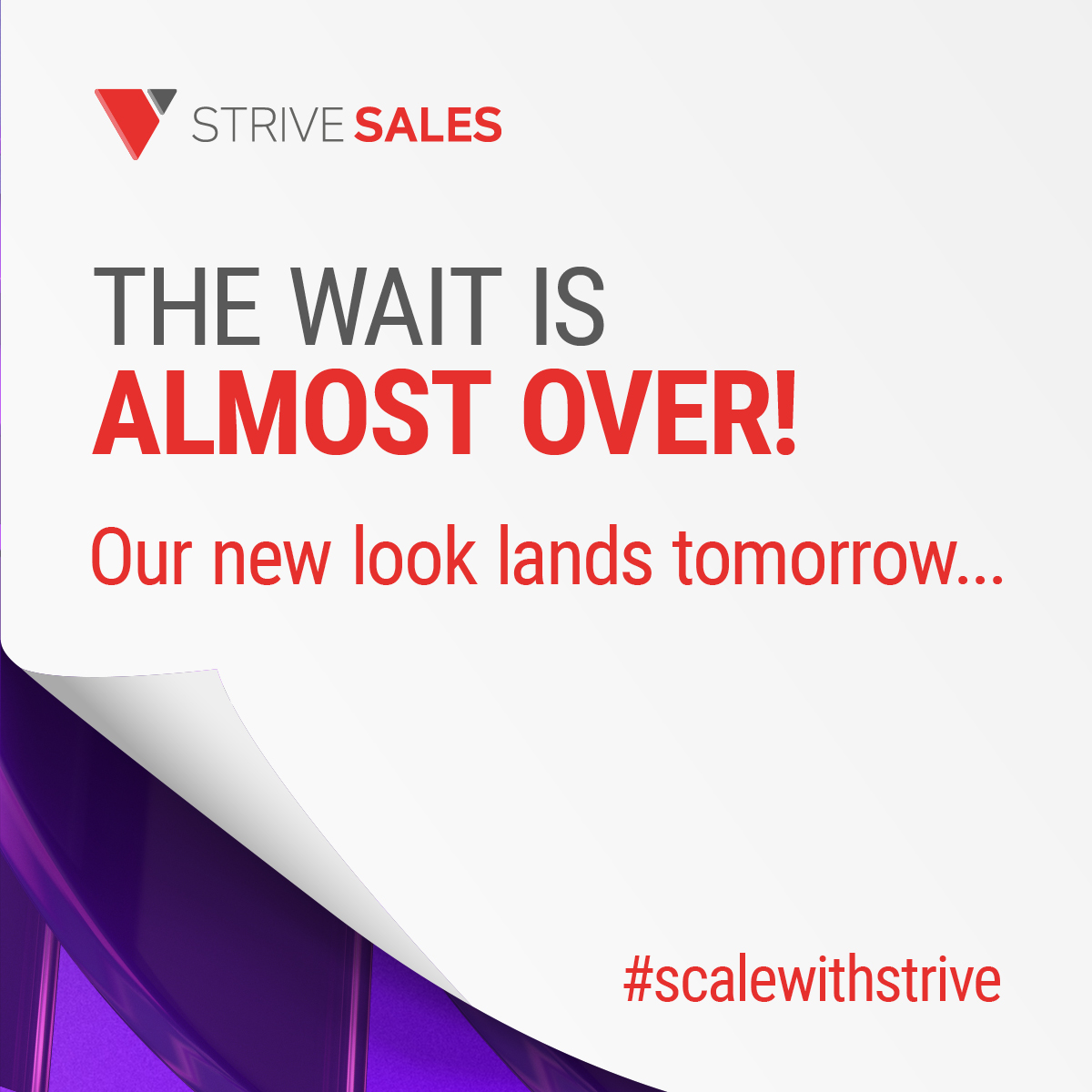 🚨 Landing tomorrow 🚨

Head to our Strive company page tomorrow for a 𝐯𝐞𝐫𝐲 exciting unveiling! 

#scalewithstrive #companyannouncement #companynews