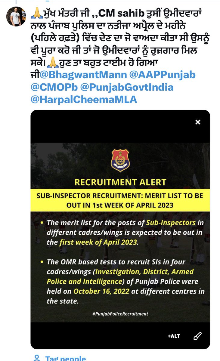 @Citizen8900 @BhagwantMann @DGPPunjabPolice @AroraAmanSunam @HarpalCheemaMLA Also fulfill your promise to the candidates to give the Punjab police result in the month of April (first week.Hope you get result soon.@BhagwantMann @DGPPunjabPolice @CMOPb @HarpalCheemaMLA @AroraAmanSunam @SukhpalKhaira @officeofssbadal @Partap_Sbajwa @sherryontopp @meet_hayer