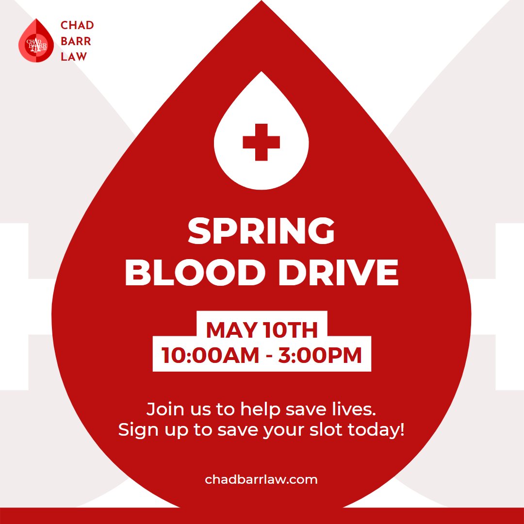 ChadBarrLaw's tweet photo. It's that time again. Join us on May 10th from 10am to 3pm for our Spring Blood Drive. 

We're asking for your help in saving our friends and neighbors in need. Your donation can help as many as three people in need.

https://t.co/PA0ueYAZoZ https://t.co/XKr26ldt37