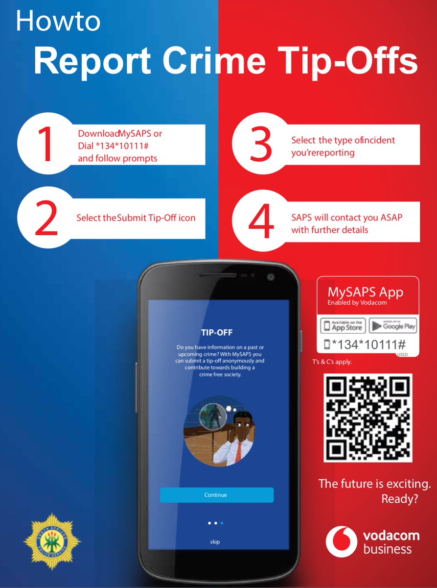 GovernmentZA's tweet image. Good morning SA

We must work with the police to combat crime and uphold the law to make South Africa a safer place.

Report all crime to a local police station or by calling the Crime Stop number: 086 00 10111.

Alternatively report via the #MySAPSApp 
🔗saps.gov.za/sapswebsite/in…