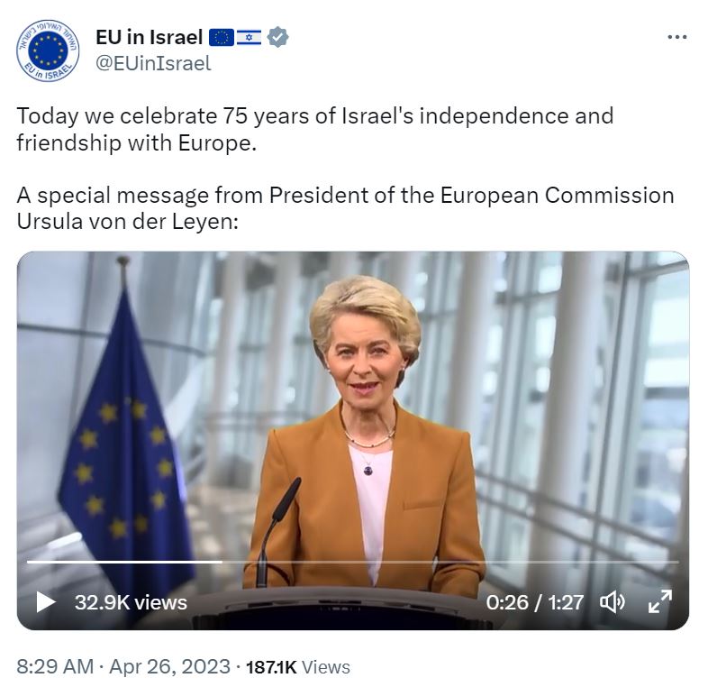 thatdayin1992's tweet photo. Ursula von der Leyen celebrates 75 years of occupation of Palestine, yet has the nerve to accuse Russia of occupying Ukraine. What a shameless racist hypocrite. https://t.co/bEnwtnew5o