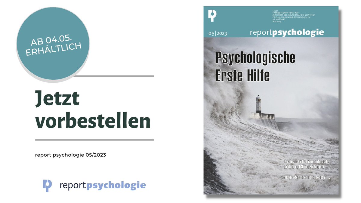 Am 04.05. erscheint die neue Ausgabe des „Report Psychologie“. Schwerpunktthema ist in diesem Monat die Notfallpsychologie bzw. psychologische Erste Hilfe. Mehr zum Inhalt erfahren Sie in unserem Shop, in dem Sie das Heft auch direkt vorbestellen können: psychologenverlag.de/Produkte/dCatI…