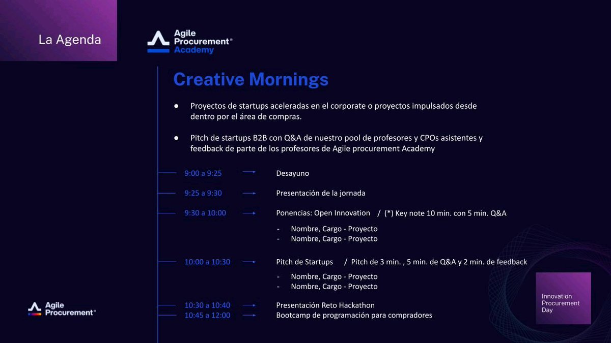 Más del Procurement Innovation Day

Abiertas inscripciones para la jornada de la mañana con acceso al primer bootcamp de programación para #compras.

📅 Junio
🕘 de 9:00 a 12:00
🔥 Presencial
💰 150€ 

✍ Inscripciones
Maria@agileprocurement.es