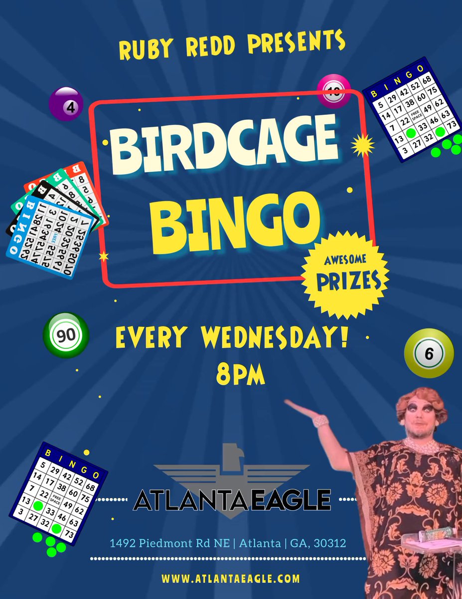 AtlantaEagle's tweet photo. Hey Atlanta friends! Looking for some fun tonight? Join us at 8pm for Ruby Redd's BIRDCAGE BINGO!
Get ready to win some amazing prizes and have a great time with your friends. #BirdcageBingo #AtlantaEagle #RubyRedd #FunNightOut https://t.co/SNJsToAedz