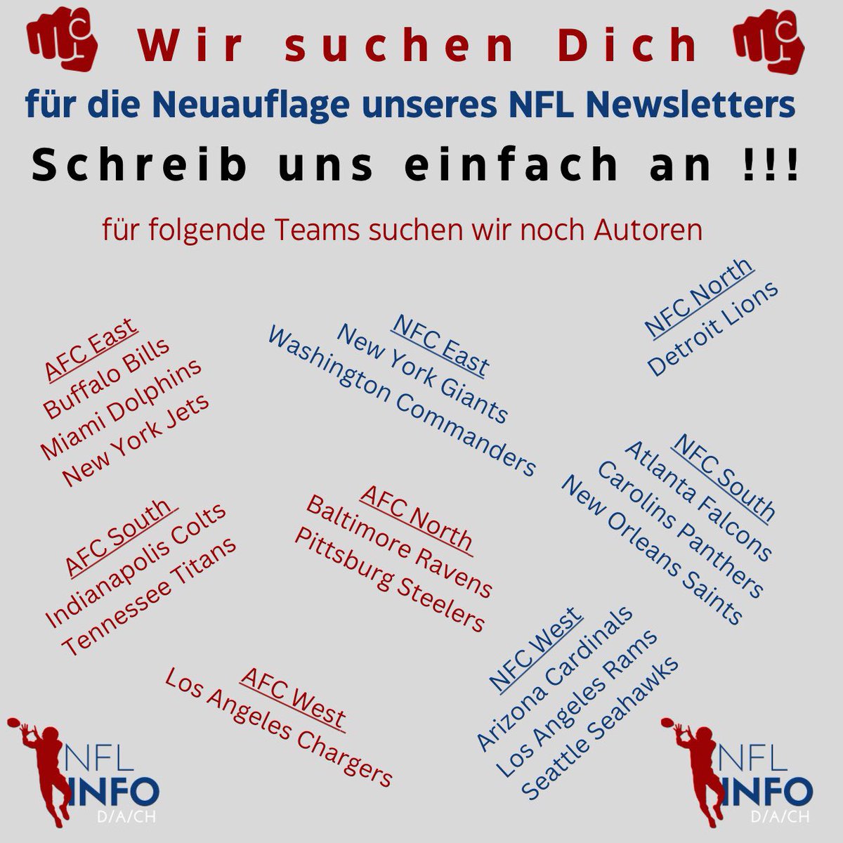 Wenn ihr Bock auf das Schreiben über die NFL habt, Meldet euch bei @NFLInfoDACH