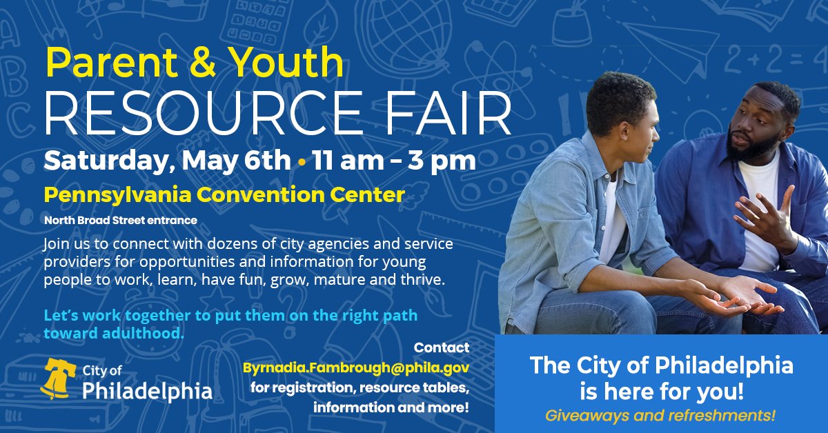 PhilaParkandRec's tweet photo. Do you know a young person who's looking for resources and opportunities to put them on the right path to adulthood? Tell them about the Parent &amp; Youth Resource Fair! May 6, 11-3 at the Pennsylvania Convention Center.

Contact byrnadia.fambrough@phila.gov to register. https://t.co/glZkbpAZn3