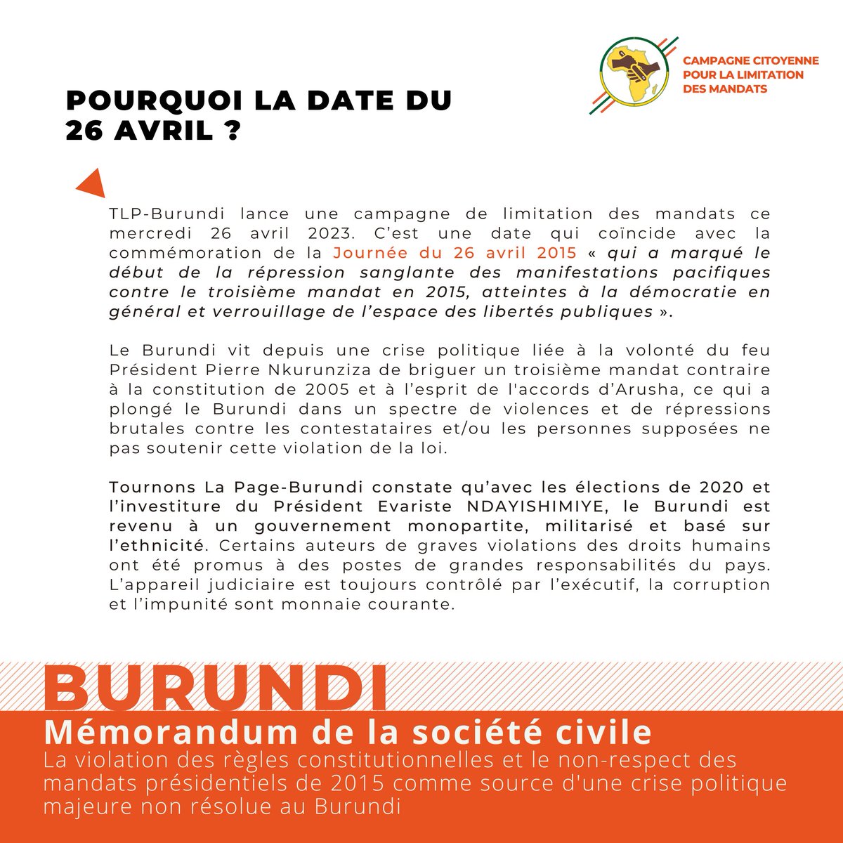 TournonsLaPage's tweet photo. 2⃣Ce mercredi 26 avril commémore les 8 ans du mouvement citoyen de #contestation qui s'est mobilisé en 2015 contre le 3ème mandat du président burundais Pierre #Nkurunziza, dont la volonté de se maintenir au pouvoir a plongé le #Burundi🇧🇮 dans une #crise politique majeure👇 https://t.co/iVI3o8NwZE