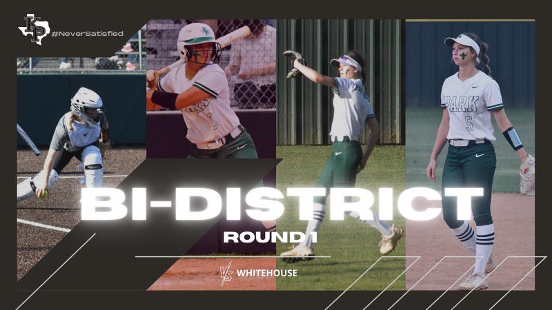 Playoffs are set! We will be taking on @WhitehouseHS_SB in our first round match up!  #NeverSatisfied #1-0 <a href="/HumbleISD_KPHS/">Kingwood Park HS</a> <a href="/HumbleISD_Ath/">Humble ISD Athletics</a> 

Game 1: 4/28- 4 pm @ Lufkin High School 
Game 2: 4/29- 11 am @ Lufkin Hudson High School 
Game 3(If Needed) 30 minutes after