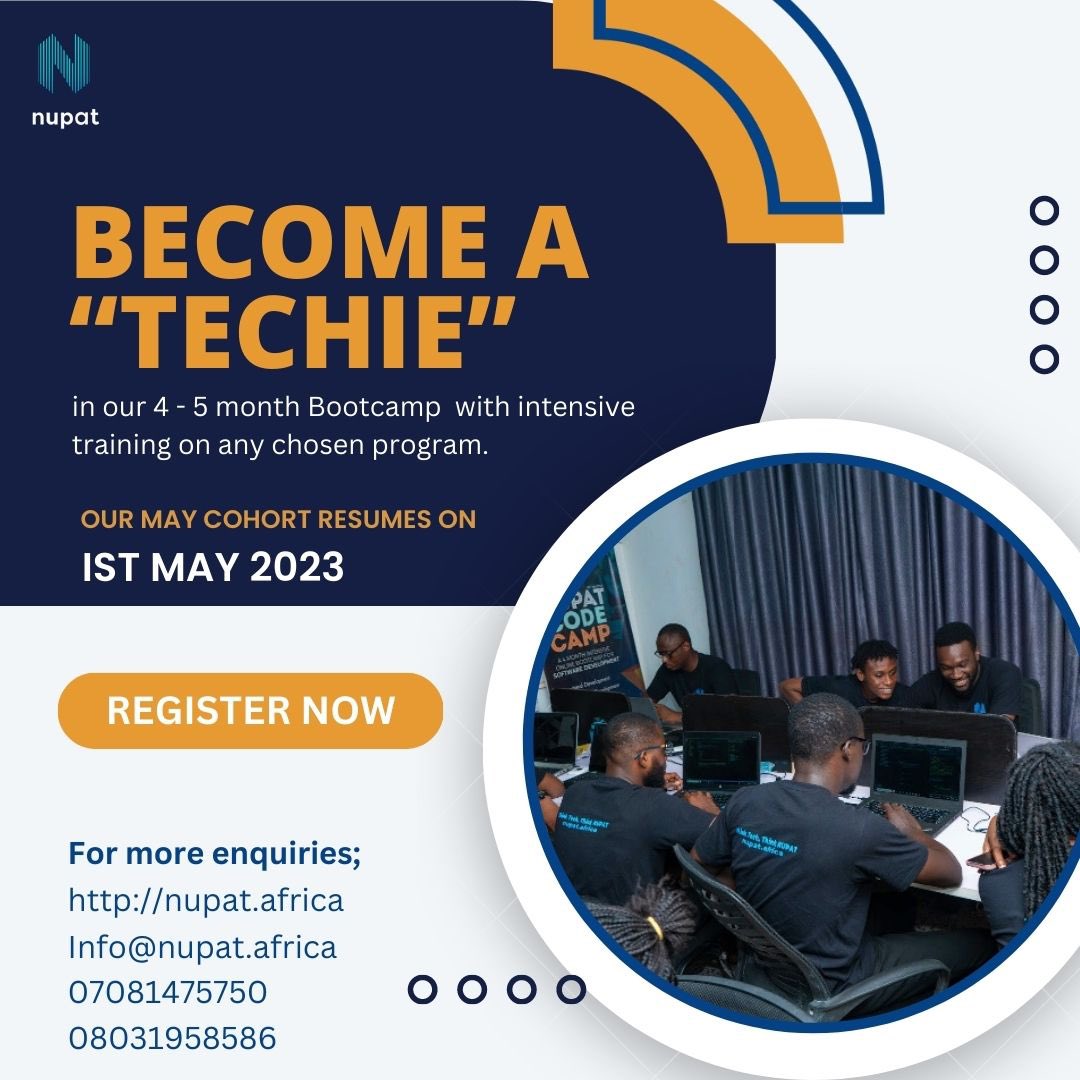 NupatOfficial's tweet image. This is a reminder that our May cohort resumes on the 1st of May
Are you interested? You can still register; kindly visit nupat.africa/code-camp

#techcodecamp #codecamp #techtwitter