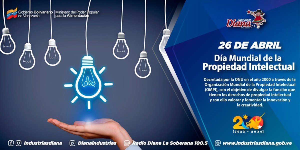 DianaIndustrias's tweet photo. #26Abr| #Efemérides 
 Día Mundial de la Propiedad Intelectual fue decretado por la ONU con el objetivo de conocer la función que tienen los derechos de propiedad intelectual y con ello valorar y fomentar la innovación y la creatividad. 

#ConSancionesNada https://t.co/u1lPCQMTBV