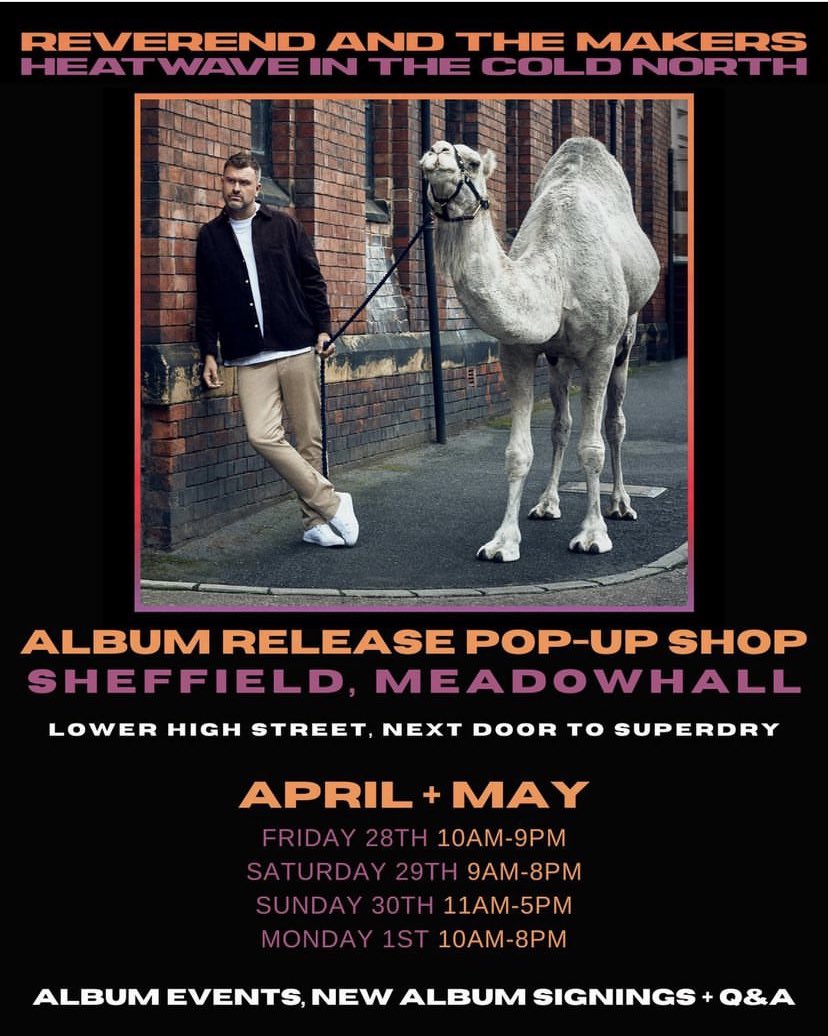 @dazcadwallander is buzzing to announce he will be supporting @Reverend_Makers new album release with an acoustic set at Rev’s pop-up shop, @meadowhall #Sheffield. 01/05/23 at 12:30pm. 🐪 Free Entry! 

#gigs #tours #tournews #albumrelease #dazcadwallander #Reverendandthemakers