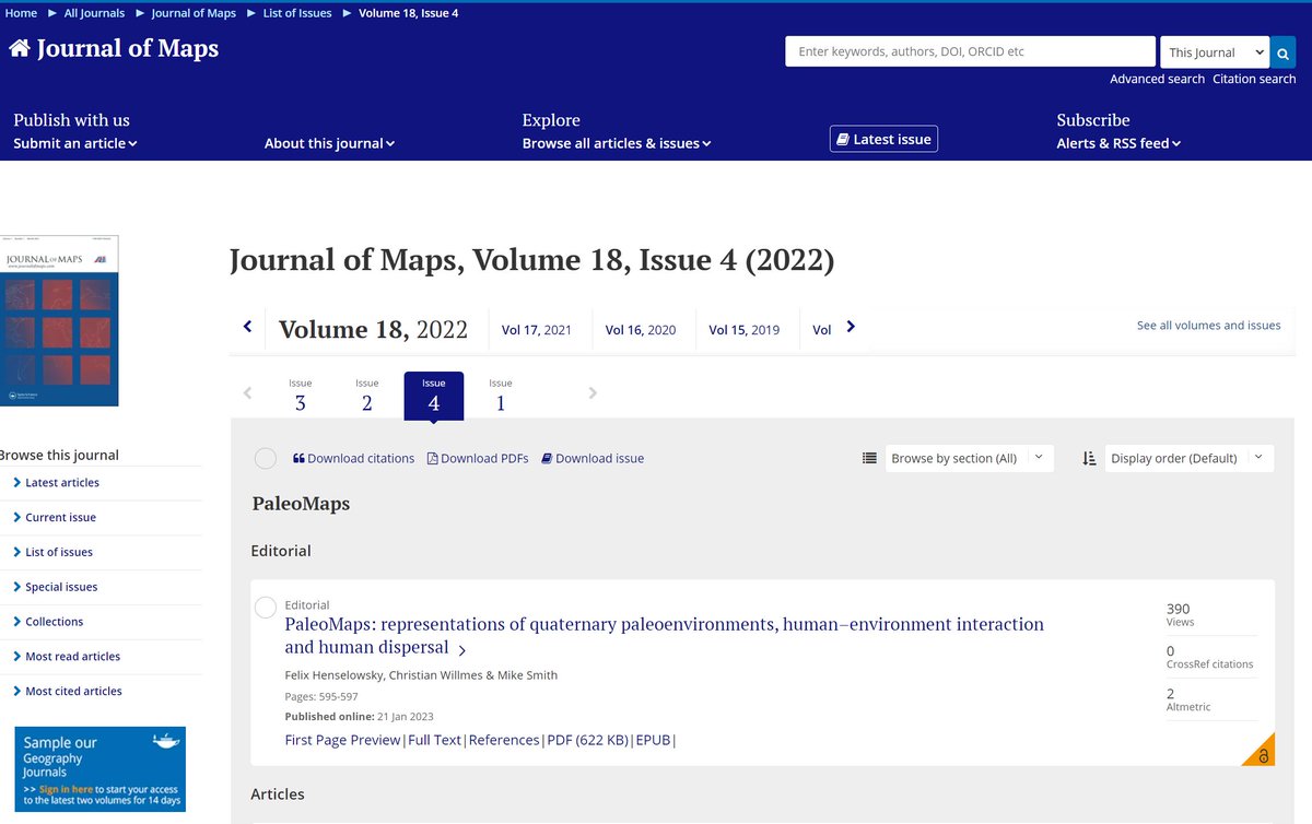 It´s done with @cwillmes 🎉
Our SI 'PaleoMaps' @journalofmaps Vol 18, No 4:
Editorial: tandfonline.com/doi/full/10.10…

🧵#OpenAcces:🔟 📰+ 🔟 🗺️with representations of #quaternary #paleoenvironments, human Environment interaction + human #dispersal 

Thanks to all authors & reviewers!