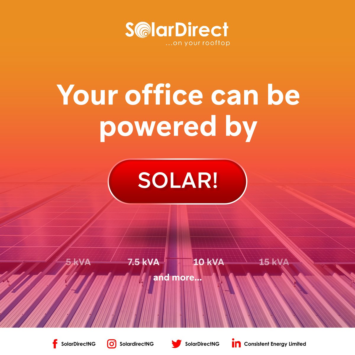 SolarDirectNG's tweet photo. Yes! Your office can be fully run by Solar Energy 😎

Kiss your bills and your worries about erratic power supply goodbye!

Your productivity levels are also expected to rise. Why? You have one less thing to worry about.

#SolarDirect https://t.co/XpaDJ8AxYU