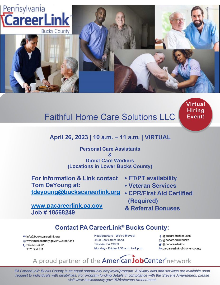 FHCS_HR's tweet photo. Join our #VirtualInformationSession today at 10 AM to learn more.
Here's our Zoom meeting link: ➡https://t.co/9IbYtTwCk3
❣️ Don't forget to share with family and friends who may also be interested ❣️
See you later! 🥰
#HiringCaregivers #PACareerLink #BucksCounty https://t.co/Oe08O4YuIo