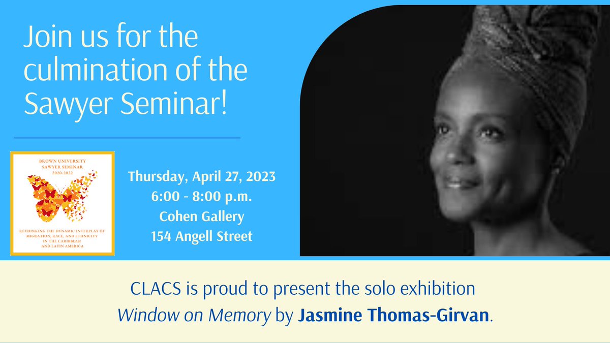 TOMORROW: CLACS is proud to present the solo exhibition "Window on Memory" by Jasmine Thomas-Girvan. Join us on Thursday, April 27 at 6pm in the Cohen Gallery for the opening event and reception.

More information: watson.brown.edu/clacs/events/2…