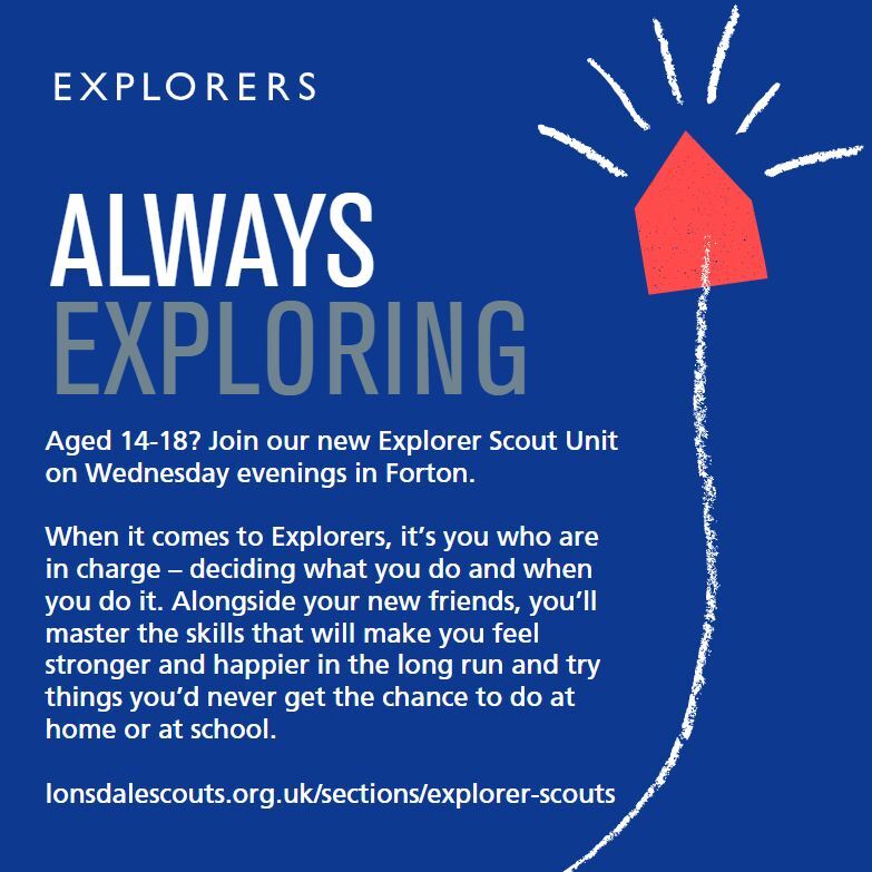 LonsdaleScouts's tweet photo. Ready to start exploring?

We've launched a brand new Explorer Scout Unit, for 14-18 year olds, in Forton. At Explorers you'll get the chance to dream big, find your place in the world and make memories to last a lifetime.

Get in touch with us to join: https://t.co/88JW2U95Mo https://t.co/ioNYvxRY3J