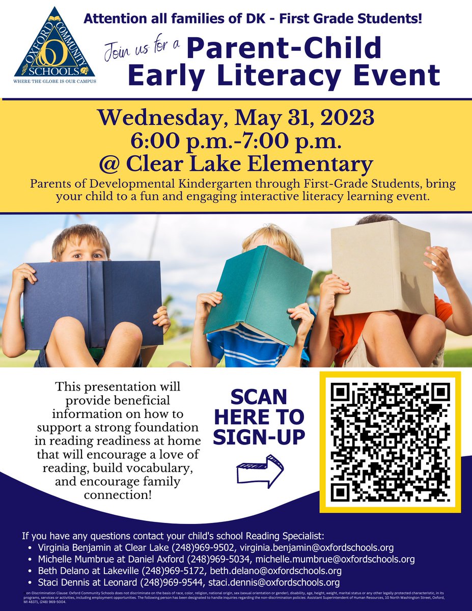 OCSWildcats's tweet photo. Calling all families of DK-First grade students!! Join us for a fun and interactive literacy event! Sign up through this link: https://t.co/sQE13o07Xy https://t.co/dPLH5dvV32