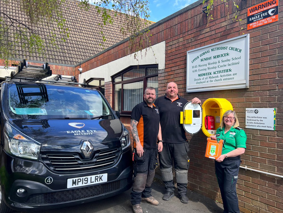 cllr_aston's tweet photo. Not all heroes wear capes … some arrive in a van!

The heartfelt thanks of @stjohnambulance to Carl &amp; Lee, Directors of @EagleSecuri2 who alongside @JMCsecure, have donated &amp; installed a full CCTV security system to monitor and protect our community defibrillator and bleed kit. https://t.co/y1Yb5HoIGQ